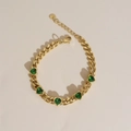 Gold chunky Cuban chain bracelet with five green heart-shaped zircons and adjustable clasp - Gold + Green Heart (AKS961)