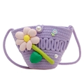 Purple woven crossbody bag with colorful 3D fabric flowers and pearl accents for kids - Purple With Pink Flower