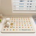 Beige kitchen drying mat with colorful geometric squares and Happiness text design - Colorful Spotted