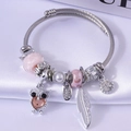 Silver stainless steel charm bracelet with owl, feather pendants and pink glass beads - Pink