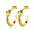 Vintage 18K gold-plated snake earrings with green gemstone eyes and scale texture - Snake Shape Green Gemstone Eyes (MS-191)