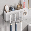 Wall-mounted white storage rack with three cups and toothpaste dispenser, 308x120x60mm - 3-Cup Style + Toothpaste Squeezer-White-Magnetic