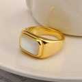 Anello in acciaio inossidabile dorato con intarsio in conchiglia bianca in piatto di ceramica - US 6 / Oro (Spessore 5mm/Larghezza 11mm)