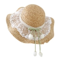 Handwoven raffia sun hat with lace trim and tulip ribbon for beach vacation use - White