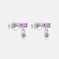 Elegant 925 sterling silver stud earrings with rectangle purple and round blue gems - Platinum