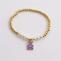 Bracciale con perle dorate e bianche con ciondolo a forma di orsetto viola e cuore - Ciondolo Orso Smaltato / Viola