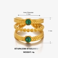 Anello in acciaio inossidabile dorato lucido con triplo strato di spighe e pietre verdi - Malachite