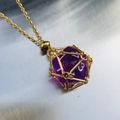 Purple D20 dice pendant necklace with gold geometric wire cage and fine gold chain - Gold Cage with Purple Dice