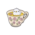 Cute white bird in a beige teacup enamel pin with pink cherry blossoms decoration - Bird Tea Cup Style (QHXZ1863)
