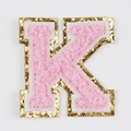 Pink chenille embroidered letter K patch with gold glitter trim for passport covers - Letter K