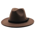 Cappello fedora in lana marrone scuro con tesa piatta e cinturino nero con fibbia - M (56-58cm) / Caffè Scuro