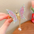 Pink rhinestone butterfly hair clip with golden tassel and white pearls for girls - Purple Butterfly