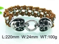 Brown braided leather skull bracelet for men with steel dragon clasp 220mm length - Brown Skull Style (KB42980-D)