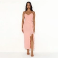 Robe longue rose dos nu à fines bretelles avec fente latérale haute en tissu fluide - Rose