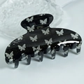 Elegant black PVC hair claw clip featuring silver glittery butterfly patterns - Black (C3-4-24)