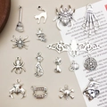 Set di ciondoli vintage in argento per Halloween con ragni, scheletri e pipistrelli DIY - 15 Stili Misti / 15Pz/Pack