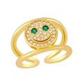 Minimalist 18K gold smile ring with green zircon eyes and white crystal inlay - Adjustable Open / Green