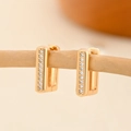Close-up of geometric gold-plated hoop earrings with rows of white cubic zirconia - EH223 Rectangular Double Pave