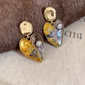 Pendientes de corazón vintage francés con textura de resina de pintura al óleo - Corazón Amarillo Estilo Pintura al Óleo (Pin de Plata)