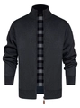 Detail der dunkelgrauen Strickjacke mit Stehkragen und kariertem Innenfutter für Herren - M / Floral Schwarz