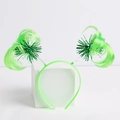 Detail of a bright green festive headband with wiggly spring antennas on a white stand - Single Headband / Green Wig