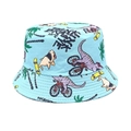 Detail of light blue bucket hat featuring dinosaur prints and stitched cotton fabric - Head Circumference 52-54cm / Sky Blue