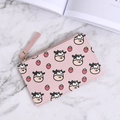 Pink ultra-thin wallet featuring cartoon cow and strawberry patterns with metal zipper - Pink Cow Print