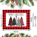 Kerst placemat met rood ruitpatroon, vijf bomen en afmetingen 45x32cm in detail - Stijl 3 (Rood & Zwart Geblokt Kerstboom)