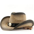 Cappello da cowboy in paglia bohémien con sfumatura e stemma metallico a testa di toro - M(56-58cm) / Sfumatura Cachi Nero
