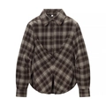 Camicia corta Y2K a quadri marroni con scollo a V profondo e orlo asimmetrico - S / Quadri Marroni