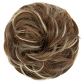Messy bun hair piece in dark brown and ash blonde highlights with curly synthetic texture - Nut Multi