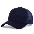 Detail view of navy trucker hat with breathable mesh and contrasting red stitching - Navy Blue
