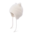 Cozy cream white knit baby winter hat with cute animal ears and long braided ties - Beige