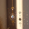 Brass moth suncatcher with pink crystal moon and star elements for window decor - Mushroom