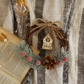 Lighted rustic Christmas wreath with rattan, pine cone and XMAS cabin on knit blanket - Wooden Elk House Wreath with LED Light