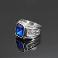 Men's silver dragon ring with rectangular blue gemstone on a black reflective surface - US 7 / Steel Color Dark Blue Gemstone