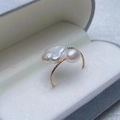 Golden baroque pearl ring with lattice textured band in a gray jewelry gift box - Irregular Double Pearl