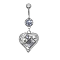 Piercing all'ombelico a cuore argentato con zircone scintillante e perla su bianco - Stile Cuore Multi-Pietra (24040801-3)