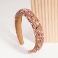 Handmade baroque headband with pink stones and purple pearls on beige fabric base - Yellow