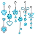 Surgical steel belly button rings set with light blue zircon heart and butterfly designs - Heart/Butterfly/Bow/Flower/Tassel Styles / Blue
