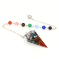 Macro shot of 7 Chakra crystal hexagonal prism pendant with a silver metal chain - Hexagonal Cone + Seven Chakra Beads Chain