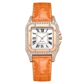 Fashionable square rose gold watch with sparkling diamonds and bright orange leather strap - Orange