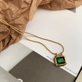 Vintage gold snake chain necklace featuring a square deep green gemstone pendant - Green