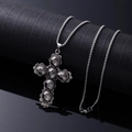 Vintage silver finish cross necklace with faceted black stones on box chain link - Gun Black Cross