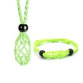 Handmade neon green woven jewelry set with crystal holder necklace and matching bracelet - Green Net Pocket 2pc Set