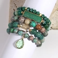 Green Bohemian stackable bracelet set with natural stone beads and crystal charms - Dark Green