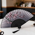 Japanese style silk folding fan with pink plum blossoms and elegant black tassel - Style 40 (New Style)