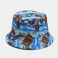 Reversible bucket hat featuring colorful sea turtle print on a blue background fabric - Blue Colorful Turtle