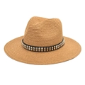 Classic summer straw sun hat in light brown with studded black band and wide brim - M (56-58cm) / Camel