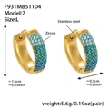 Close-up of gold stainless steel hoop earrings with three rows of gradient blue zircons - Navy Zirconia (F931-7) / Large